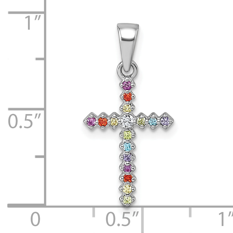 Sterling Silver Rhodium-plated Polished Multi-color CZ Cross Pendant