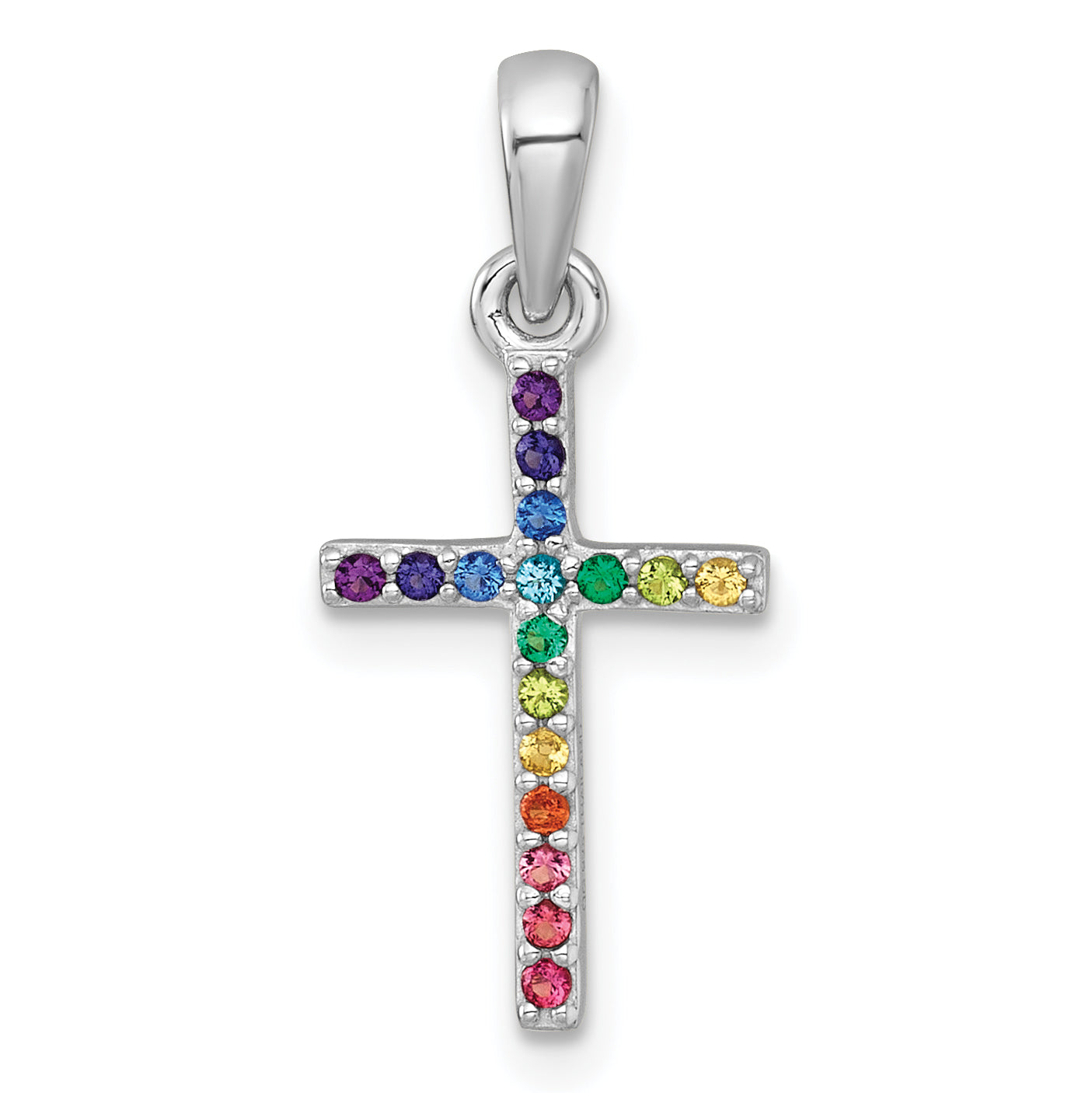 Sterling Silver Rhodium-plated Polished Rainbow Nano Crystals Childrens Cross Pendant Main image