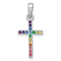 Sterling Silver Rhodium-plated Polished Rainbow Nano Crystals Childrens Cross Pendant