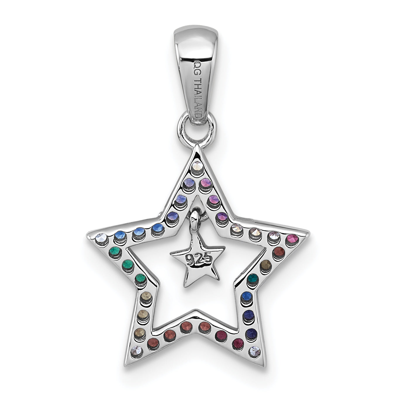 Sterling Silver Rhodium-plated Polished Rainbow Nano Crystals Star With Mini Star Dangle Childrens Pendant