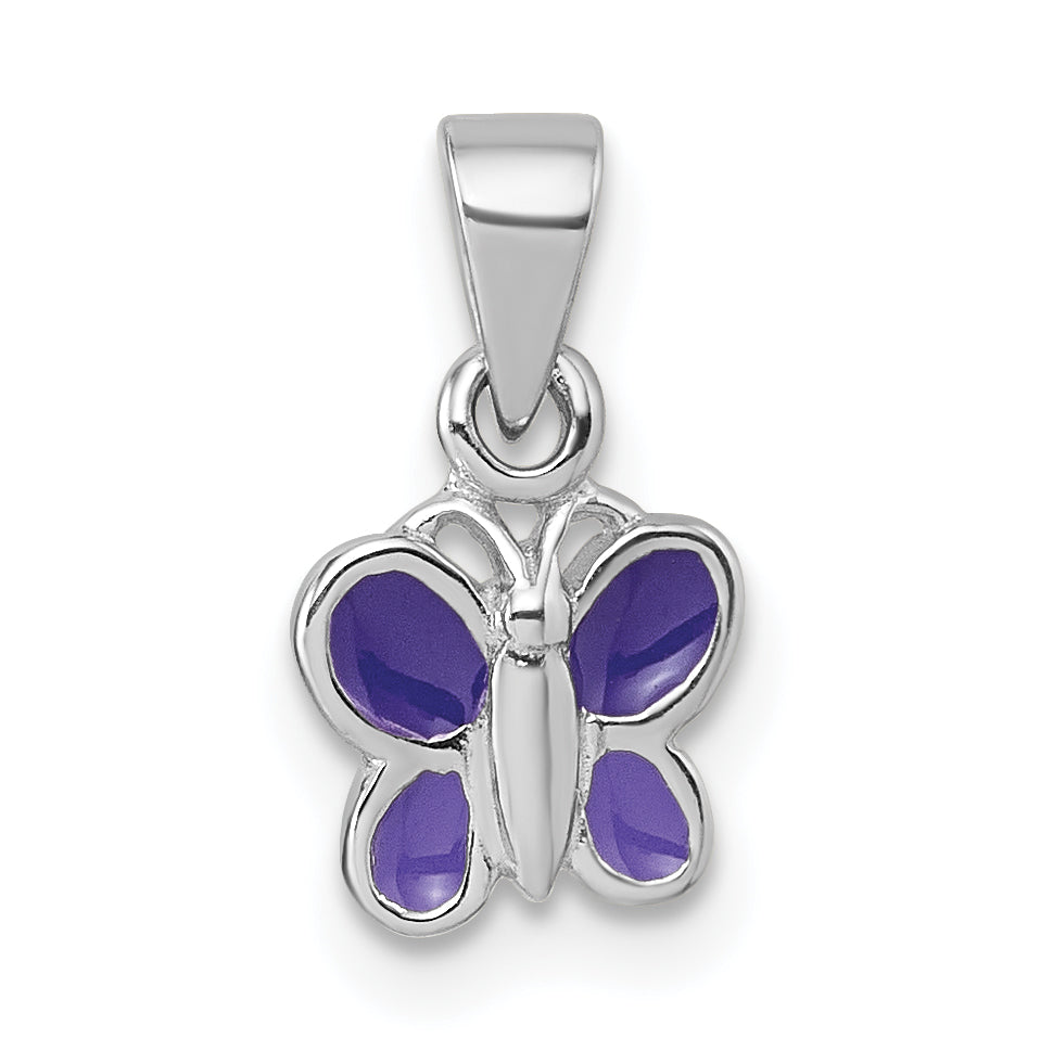 Sterling Silver Rhodium-plated Children's Purple Enamel Butterfly Pendant