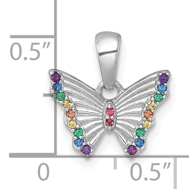 Sterling Silver Rhodium-plated Polished Rainbow Nano Crystals Butterfly Childrens Pendant