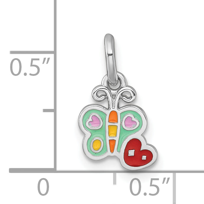Sterling Silver Rhodium-plated Polished Green/Yellow/Orange/Red Enamel Butterfly And Heart Childrens Pendant