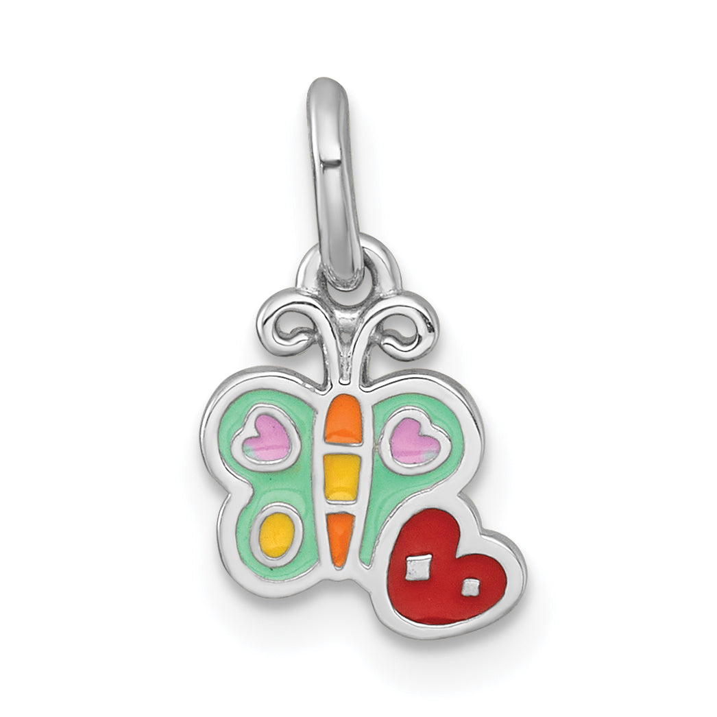 Sterling Silver Rhodium-plated Polished Green/Yellow/Orange/Red Enamel Butterfly And Heart Childrens Pendant Main image
