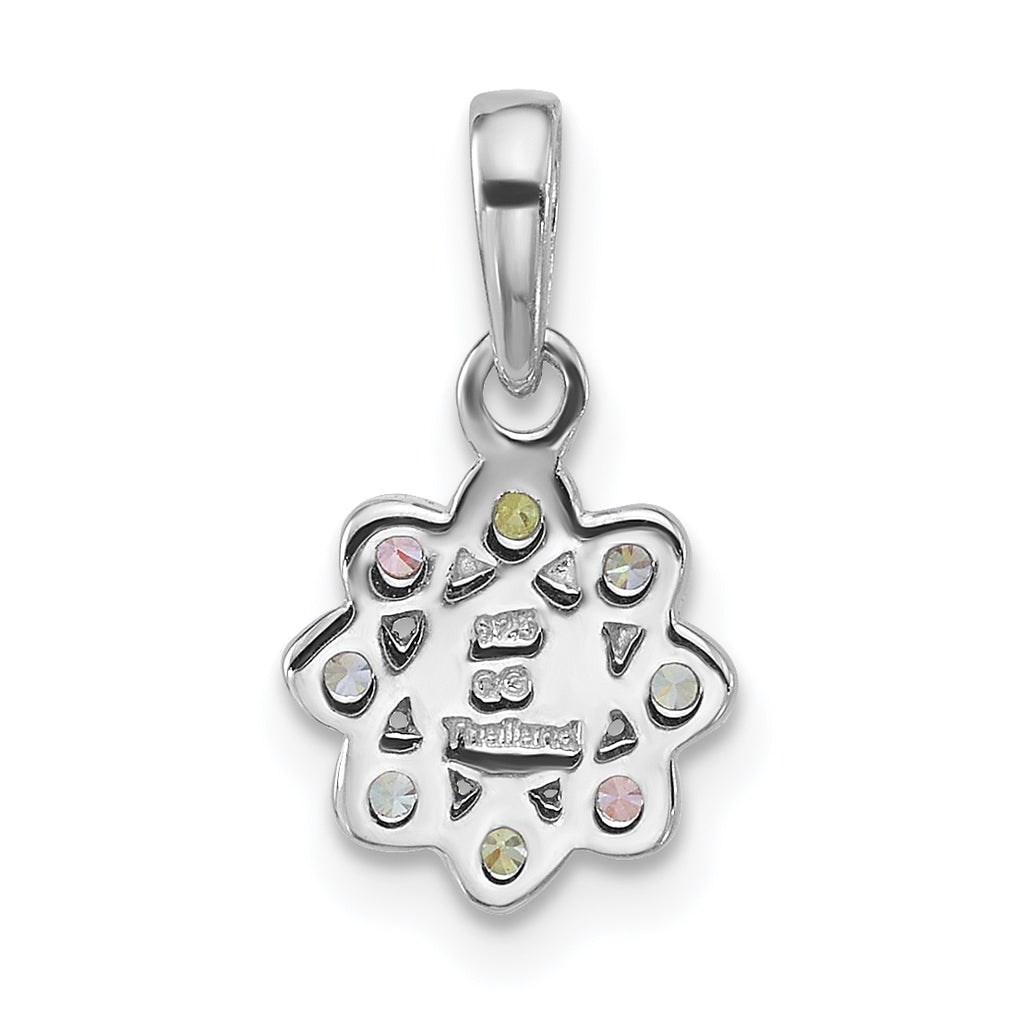 Sterling Silver Rhodium-plated Polished Green, Pink, Blue and Purple CZ and Freshwater Cultured Pearl Flower Pendant