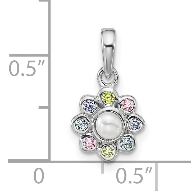 Sterling Silver Rhodium-plated Polished Green, Pink, Blue and Purple CZ and Freshwater Cultured Pearl Flower Pendant