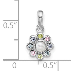 Sterling Silver Rhodium-plated Polished Green, Pink, Blue and Purple CZ and Freshwater Cultured Pearl Flower Pendant