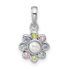 Sterling Silver Rhodium-plated Polished Green, Pink, Blue and Purple CZ and Freshwater Cultured Pearl Flower Pendant