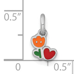 Sterling Silver Rhodium-plated Polished Orange/Red/Green Enamel Flower With Heart Childrens Pendant