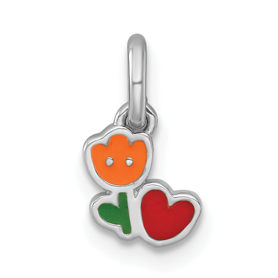 Sterling Silver Rhodium-plated Polished Orange/Red/Green Enamel Flower With Heart Childrens Pendant Main image