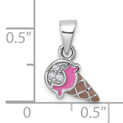 Sterling Silver Rhodium-plated Children's Pink and Brown Enamel with CZ Ice Cream Cone Pendant
