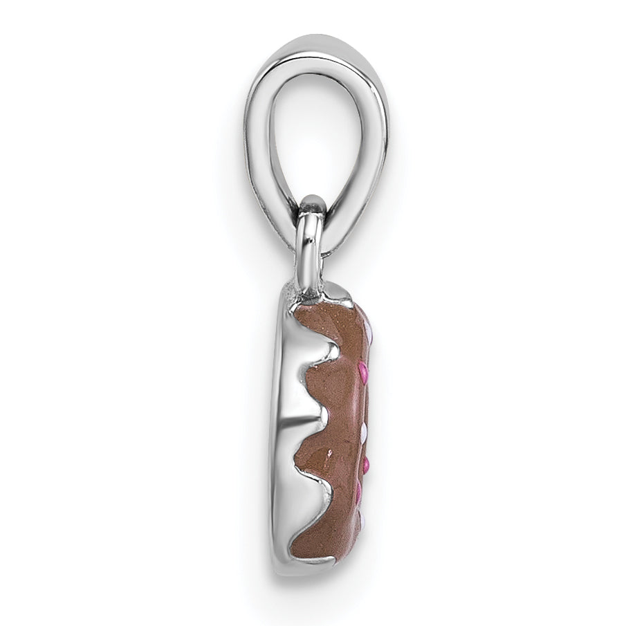 Sterling Silver Rhodium-plated Children's Brown with Pink and White Enamel Sprinkled Donut Pendant