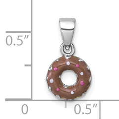 Sterling Silver Rhodium-plated Children's Brown with Pink and White Enamel Sprinkled Donut Pendant
