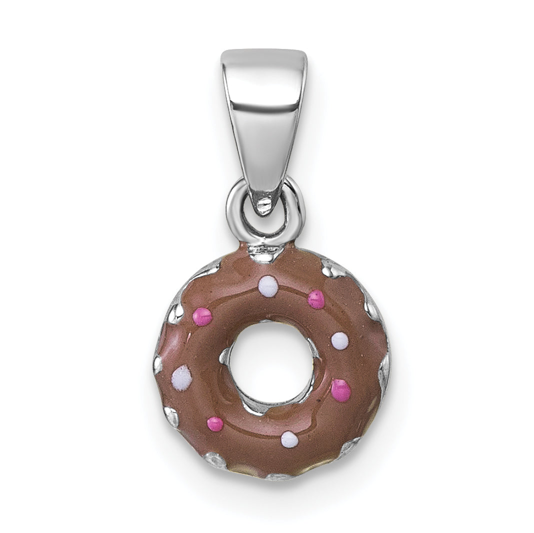 Sterling Silver Rhodium-plated Children's Brown with Pink and White Enamel Sprinkled Donut Pendant Main image