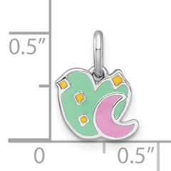 Sterling Silver Rhodium-plated Polished Green/Pink/Yellow Enamel Heart And Moon Childrens Pendant