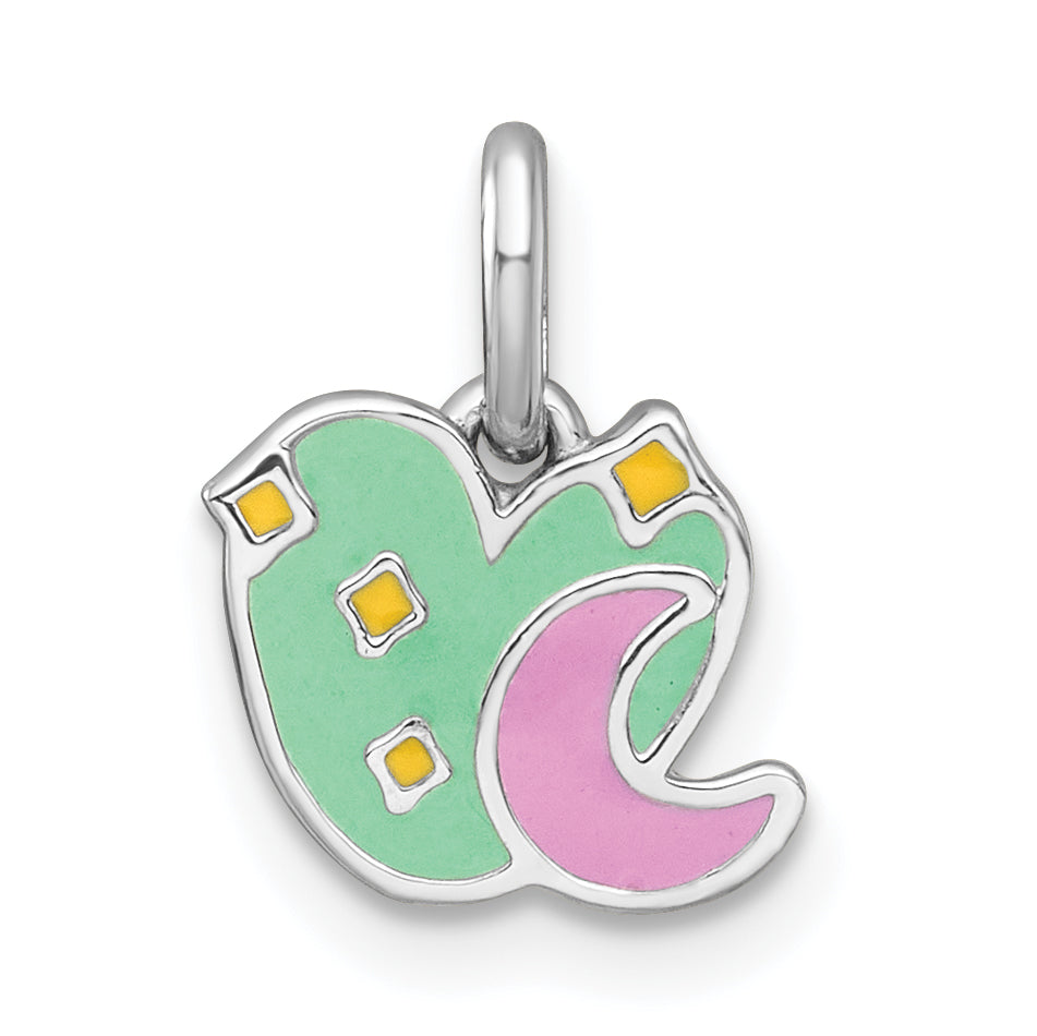 Sterling Silver Rhodium-plated Polished Green/Pink/Yellow Enamel Heart And Moon Childrens Pendant