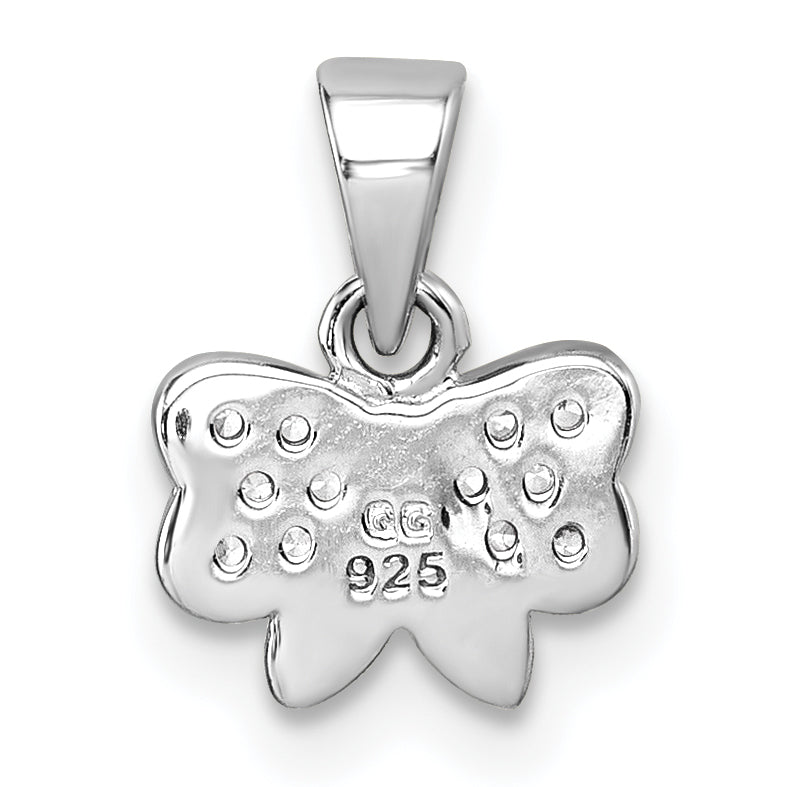 Sterling Silver Rhodium-plated Children's Pink CZ with Pink and White Enamel Bow Pendant