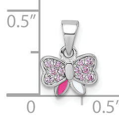 Sterling Silver Rhodium-plated Children's Pink CZ with Pink and White Enamel Bow Pendant