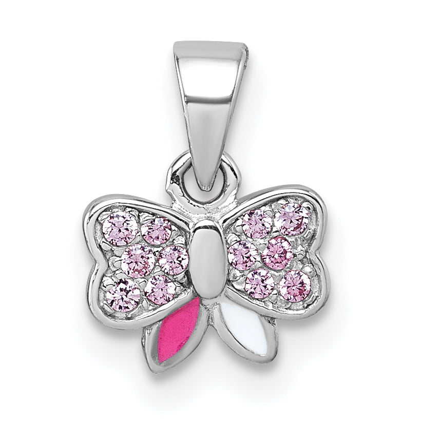Sterling Silver Rhodium-plated Children's Pink CZ with Pink and White Enamel Bow Pendant