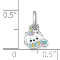 Sterling Silver Rhodium-plated Polished White and Rainbow Enamel Unicorn Cupcake Childrens Pendant