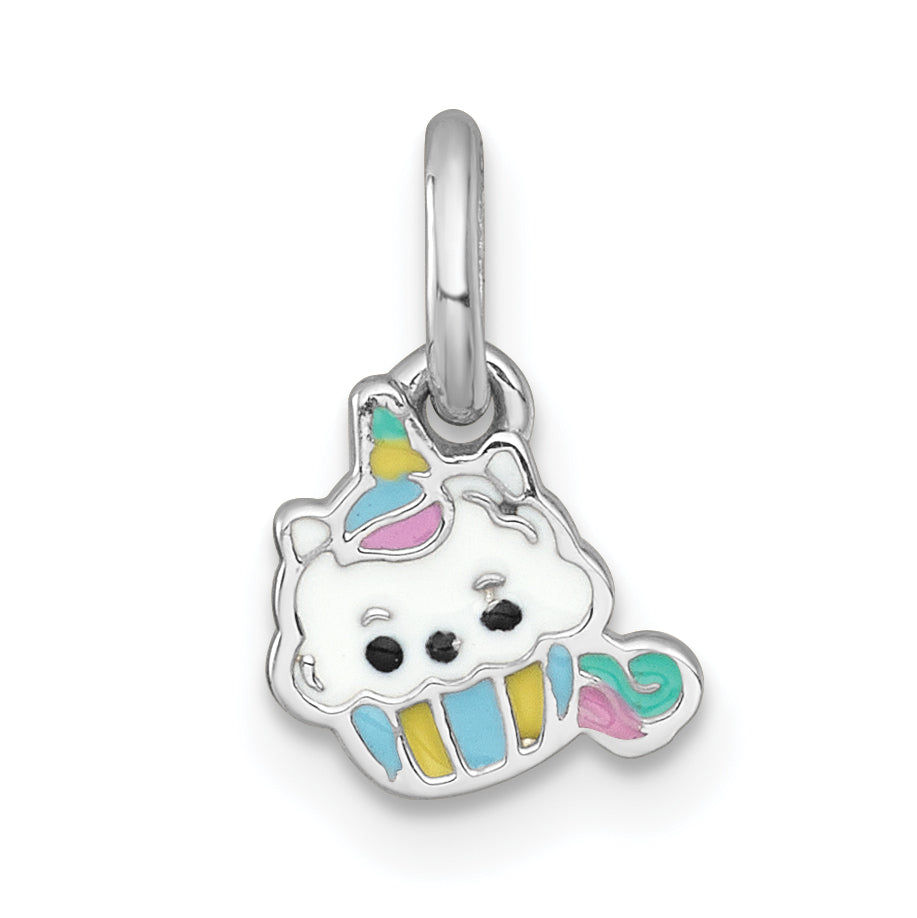 Sterling Silver Rhodium-plated Polished White and Rainbow Enamel Unicorn Cupcake Childrens Pendant Main image