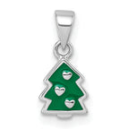 Sterling Silver Rhodium-plated Children's Green Enamel Christmas Tree with Hearts Pendant