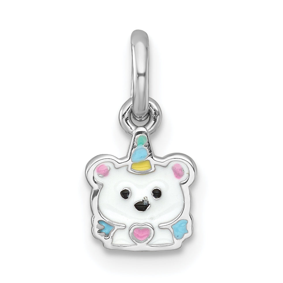 Sterling Silver Rhodium-plated Polished White and Rainbow Enamel Unicorn Polar Bear Childrens Pendant