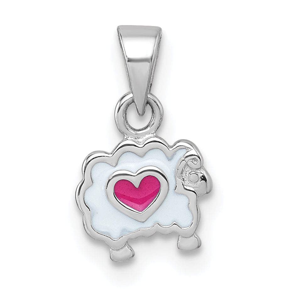 Sterling Silver Rhodium-plated Children's White and Pink Enamel Sheep with Heart Pendant Main image