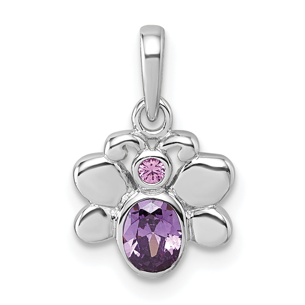 Sterling Silver Rhodium-plated Polished Pink And Purple CZ Butterfly Pendant