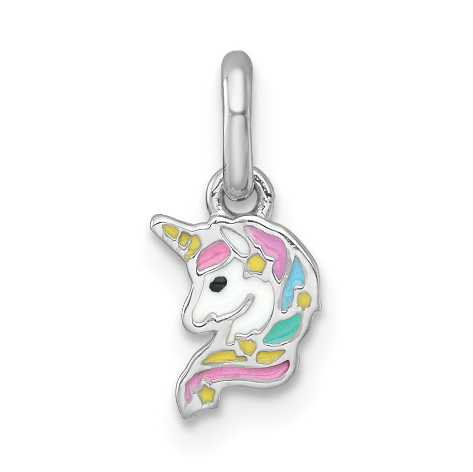 Sterling Silver Rhodium-plated Polished White and Rainbow Enamel Unicorn Head Childrens Pendant Main image