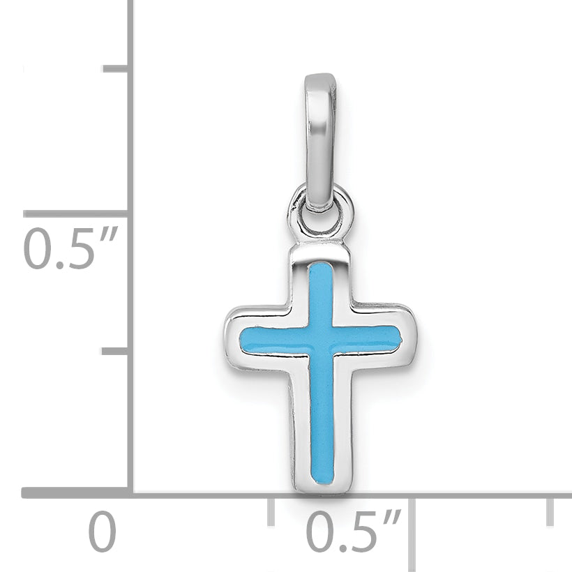 Sterling Silver Rhodium-plated Polished Blue Enamel Childrens Cross Charm Pendant