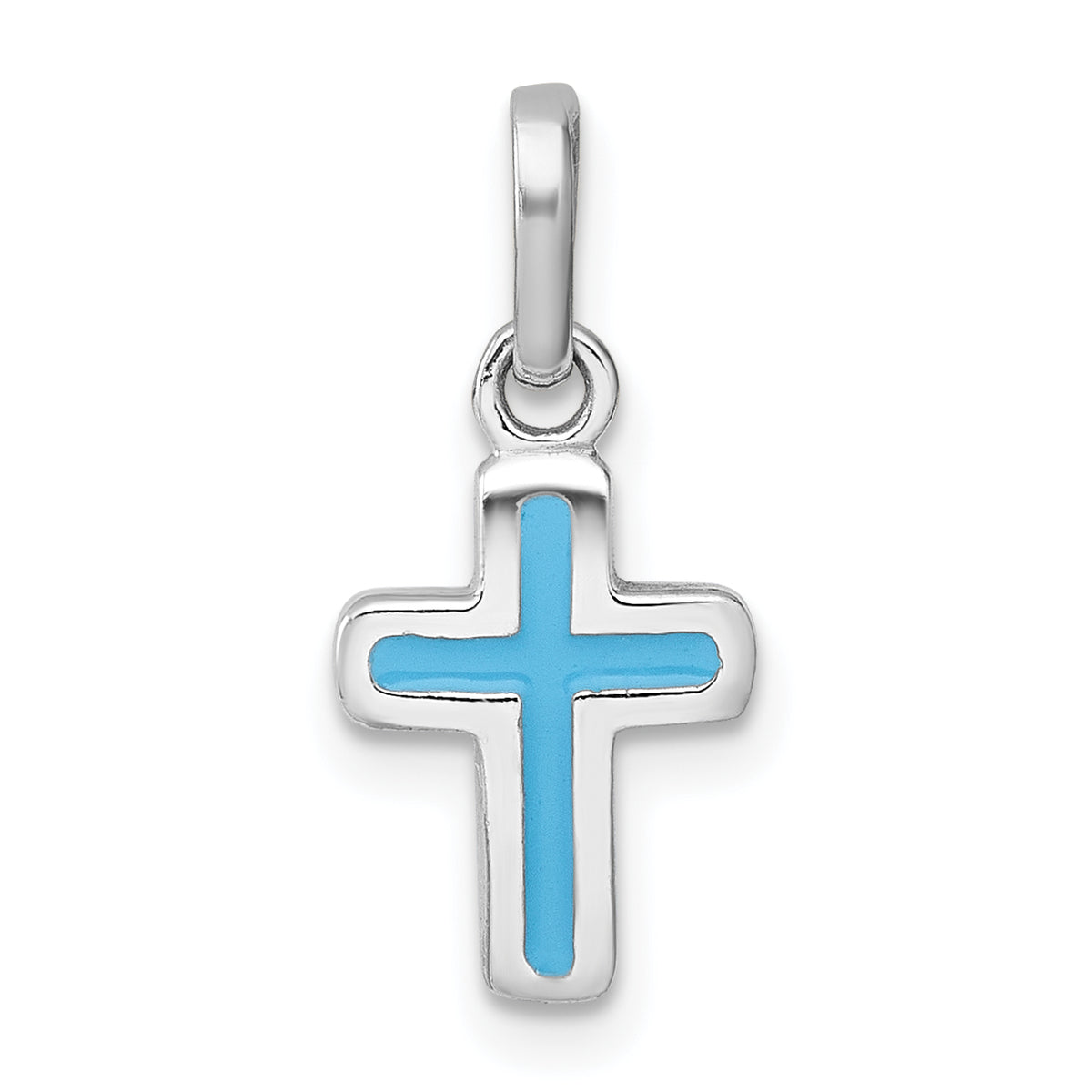 Sterling Silver Rhodium-plated Polished Blue Enamel Childrens Cross Charm Pendant