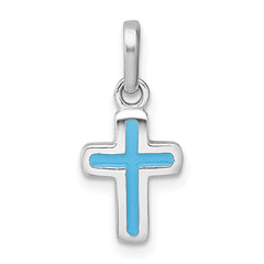 Sterling Silver Rhodium-plated Polished Blue Enamel Childrens Cross Charm Pendant