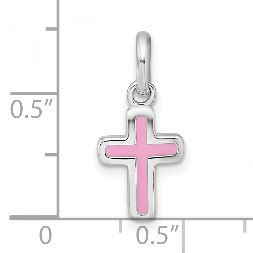 Sterling Silver Rhodium-plated Polished Pink Enamel Childrens Cross Charm Pendant