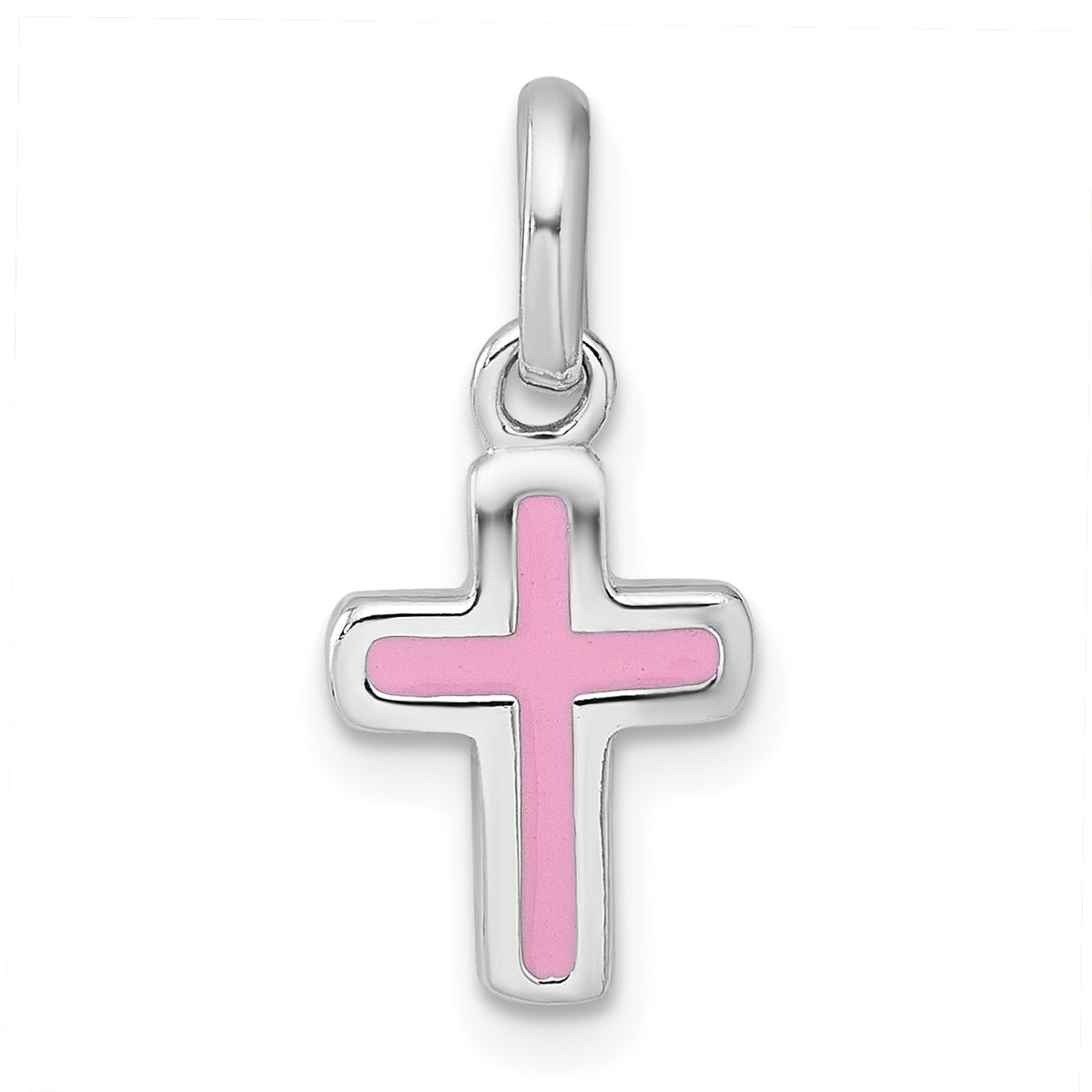 Sterling Silver Rhodium-plated Polished Pink Enamel Childrens Cross Charm Pendant
