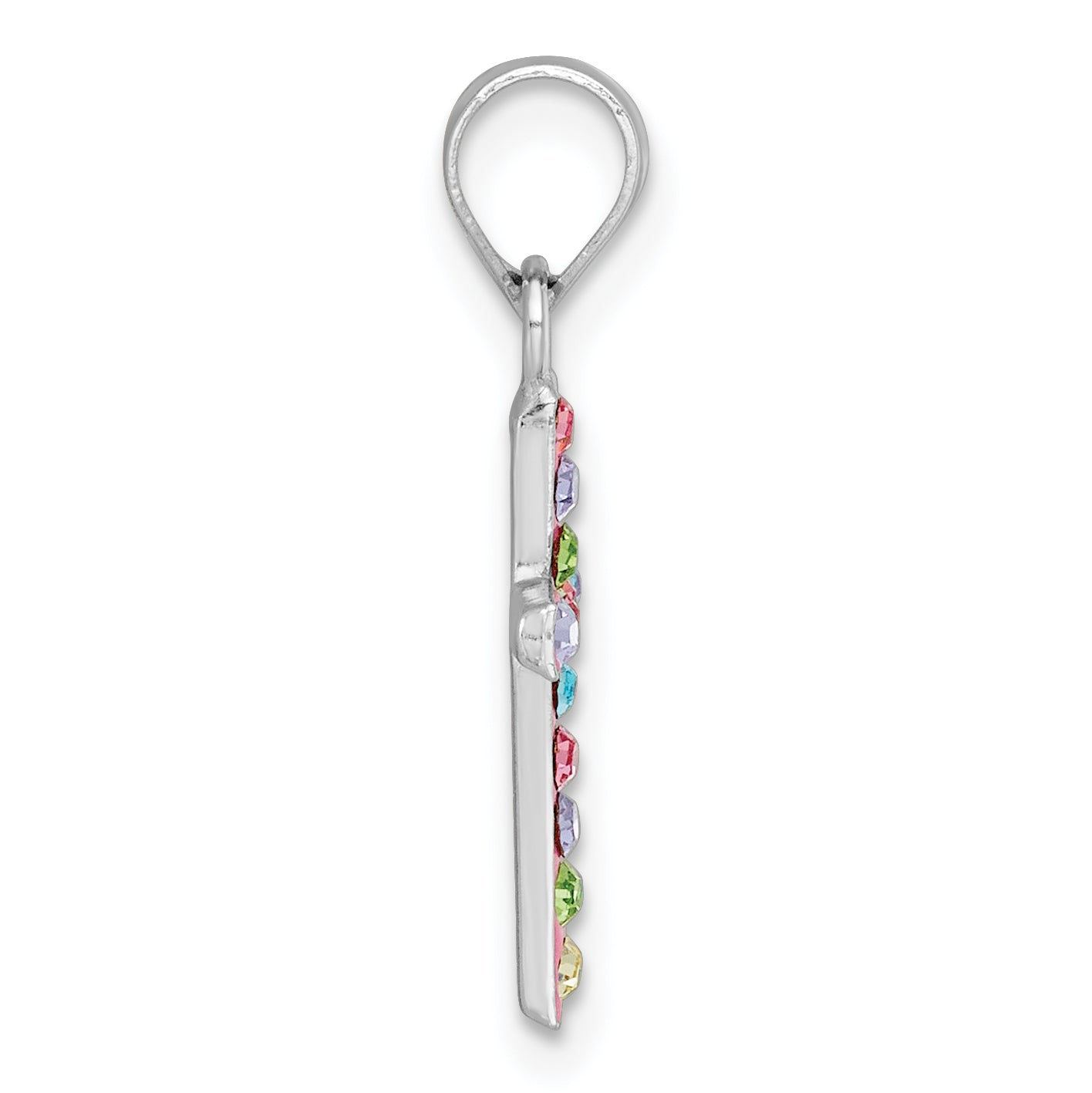 Sterling Silver Rhodium-plated Polished Pink/Blue/Green/Purple Crystal Childrens Cross Pendant