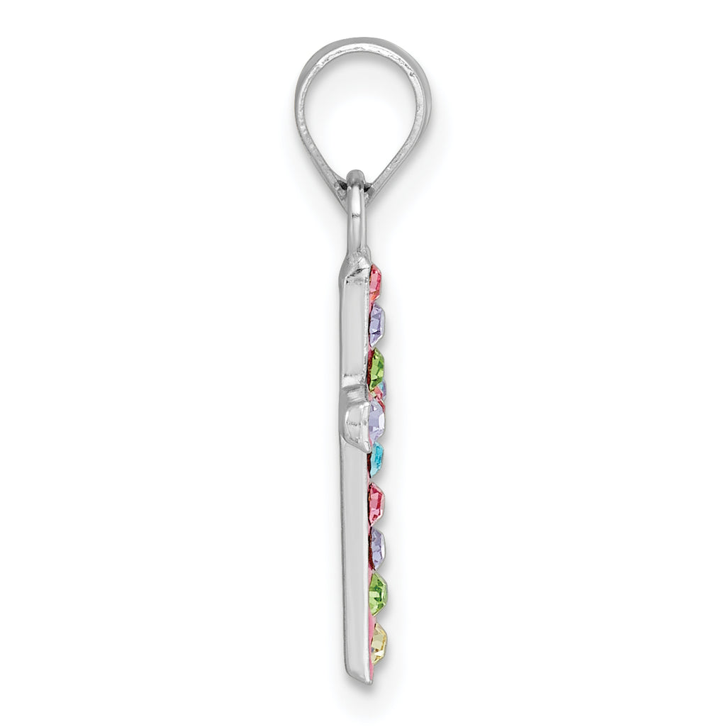 Sterling Silver Rhodium-plated Polished Pink/Blue/Green/Purple Crystal Childrens Cross Pendant