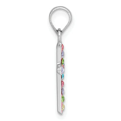 Sterling Silver Rhodium-plated Polished Pink/Blue/Green/Purple Crystal Childrens Cross Pendant