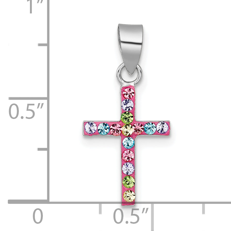 Sterling Silver Rhodium-plated Polished Pink/Blue/Green/Purple Crystal Childrens Cross Pendant