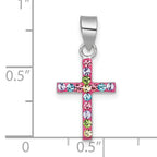 Sterling Silver Rhodium-plated Polished Pink/Blue/Green/Purple Crystal Childrens Cross Pendant