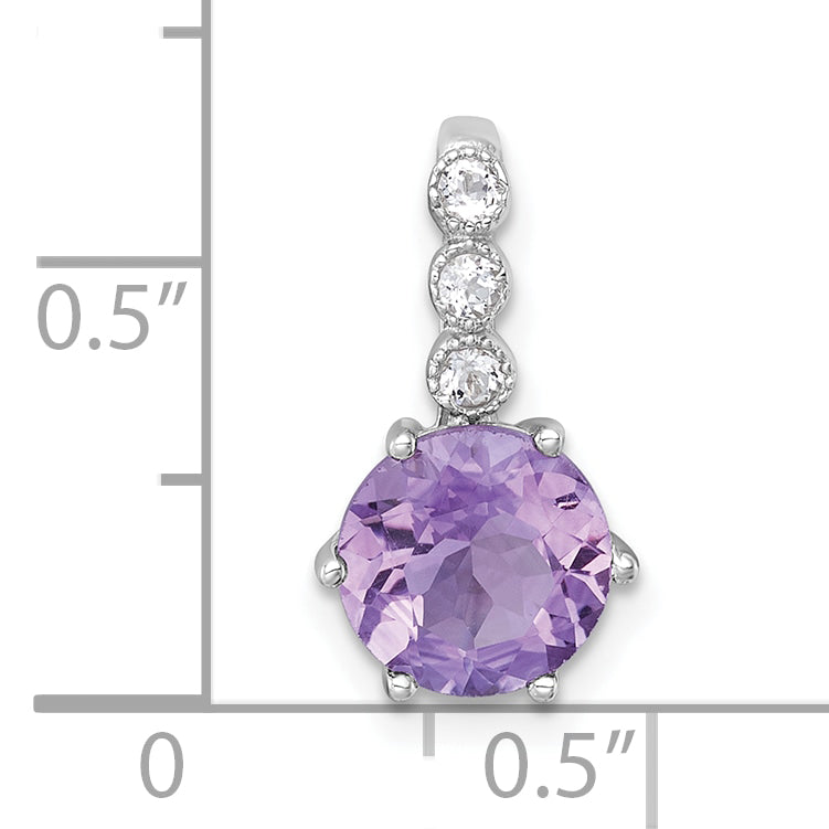 Sterling Silver Rhodium-plated Polished and Beaded Round Amethyst and White Topaz Chain Slide Pendant