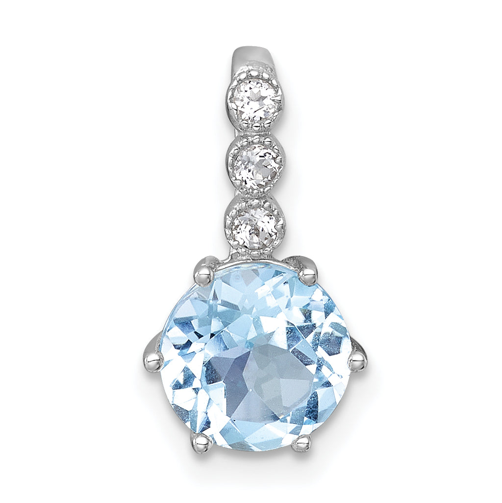 Sterling Silver Rhodium-plated Polished and Beaded Round Sky Blue and White Topaz Chain Slide Pendant