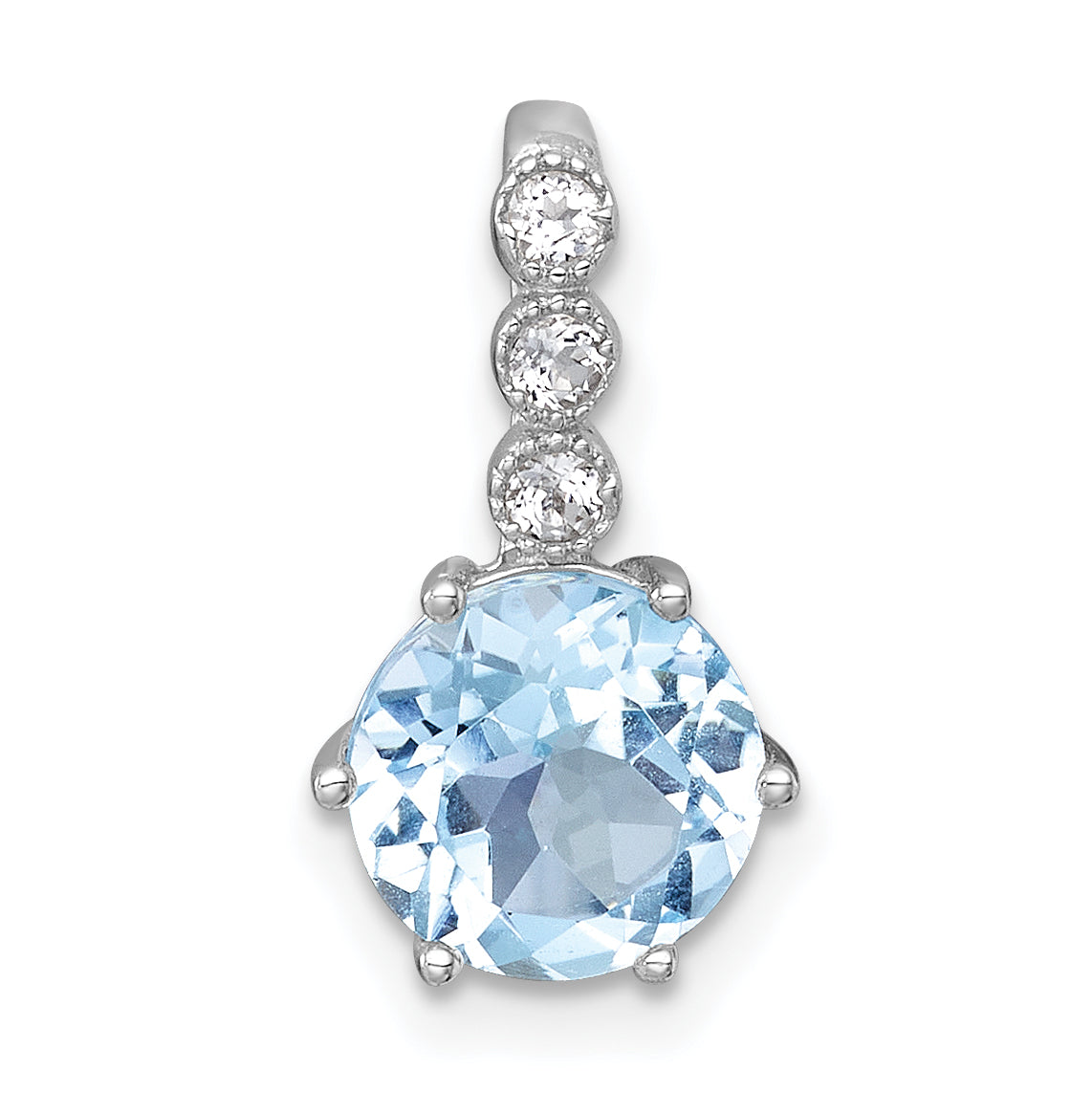 Sterling Silver Rhodium-plated Polished and Beaded Round Sky Blue and White Topaz Chain Slide Pendant