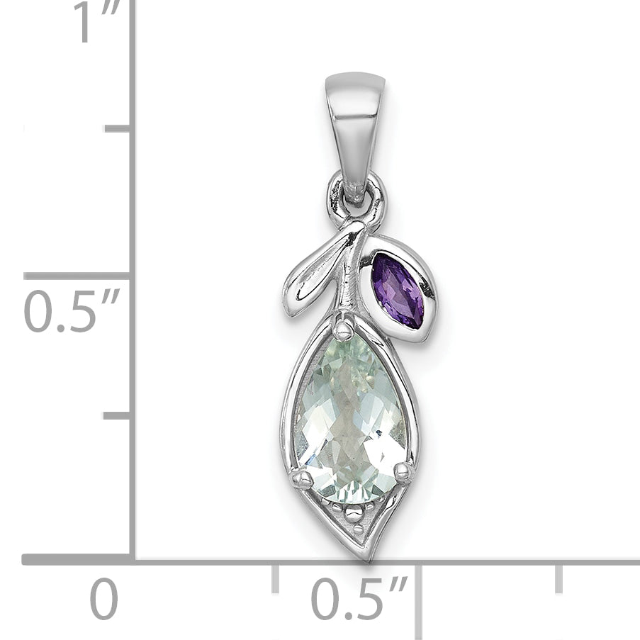 Sterling Silver Rhodium-plated Polished Amethyst and Green Quartz Leaf Pendant