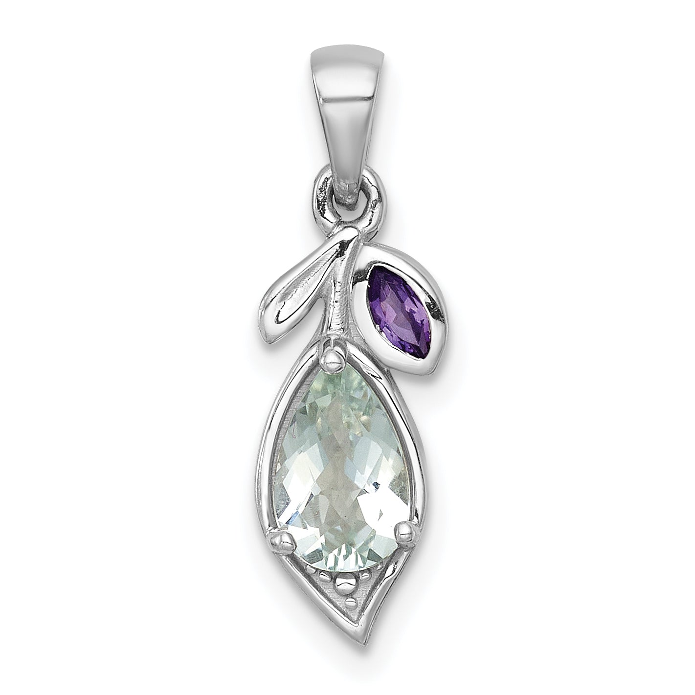 Sterling Silver Rhodium-plated Polished Amethyst and Green Quartz Leaf Pendant Main image