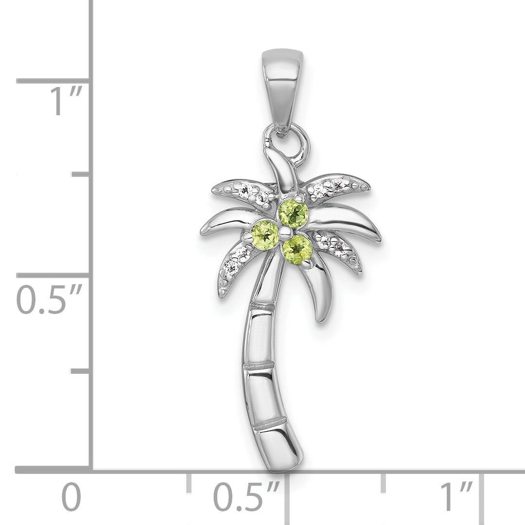 Sterling Silver Rhodium-plated Polished and Grooved Peridot and White Topaz Palm Tree Pendant