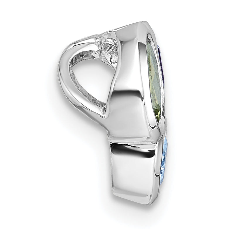 Sterling Silver Rhodium-plated Polished Pear Blue Topaz, Oval Peridot and Emerald-cut Amethyst Chain Slide Pendant