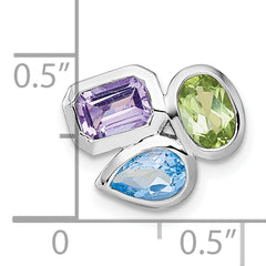 Sterling Silver Rhodium-plated Polished Pear Blue Topaz, Oval Peridot and Emerald-cut Amethyst Chain Slide Pendant