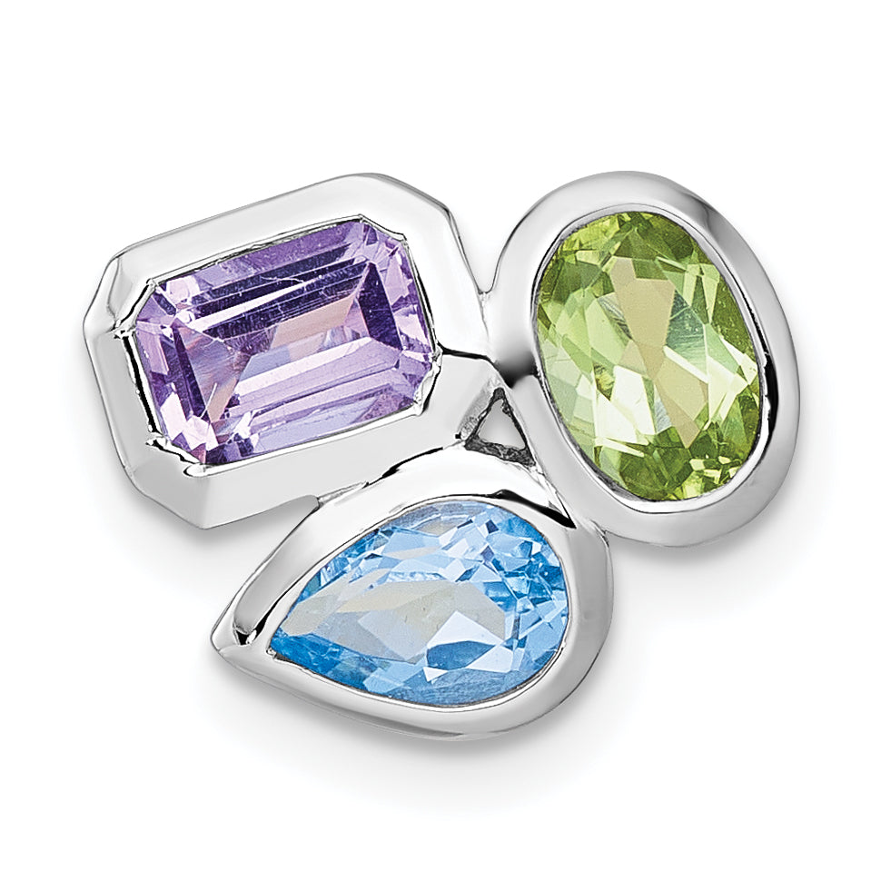 Sterling Silver Rhodium-plated Polished Pear Blue Topaz, Oval Peridot and Emerald-cut Amethyst Chain Slide Pendant Main image