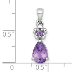 Sterling Silver Rhodium-plated Polished Amethyst Teardrop and Flower Pendant